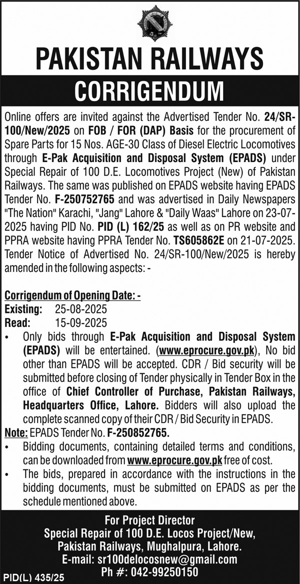 Pakistan Railways Lahore Tender Notice